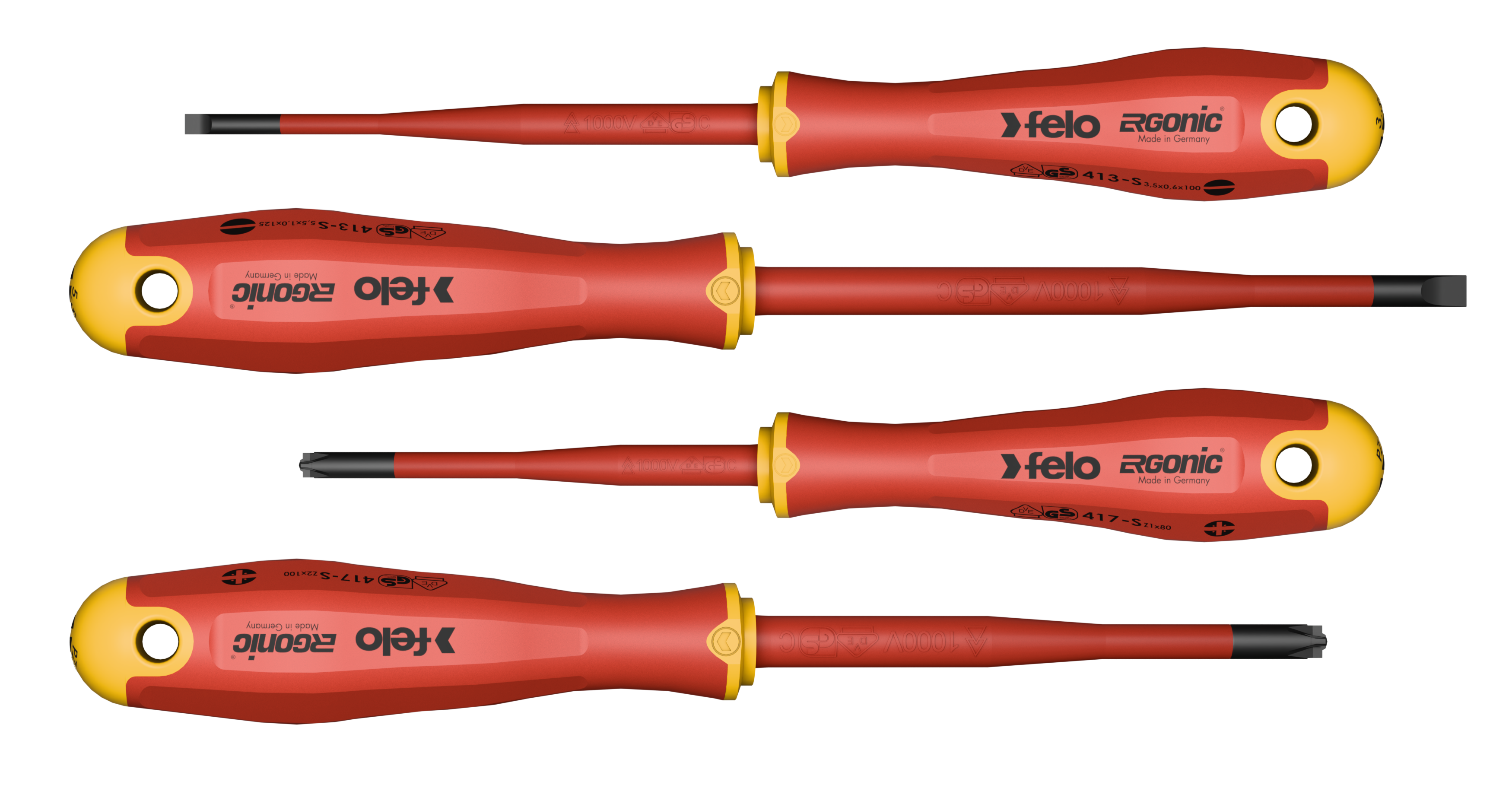 Jogo de Chaves Isoladas FELO ERGONIC VDE E-slim 4 peças Fenda/Plus-Minus Z - Made in Germany